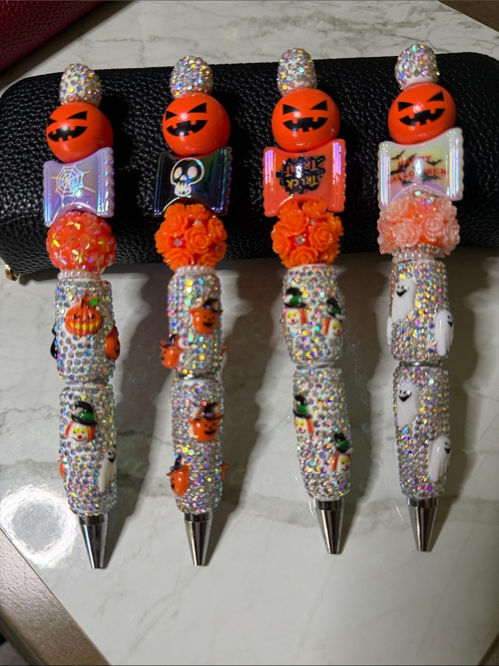 Set of 4 Halloween Orange Pumpkin Rhinestone Ballpoint Pen - Festive Party Favor